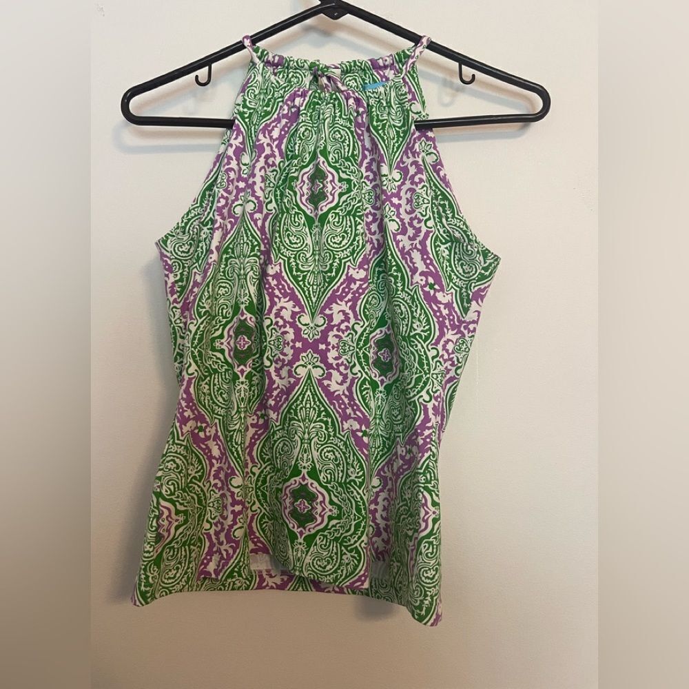 J. McLaughlin Green and Pink Fitted Halter Tank Top